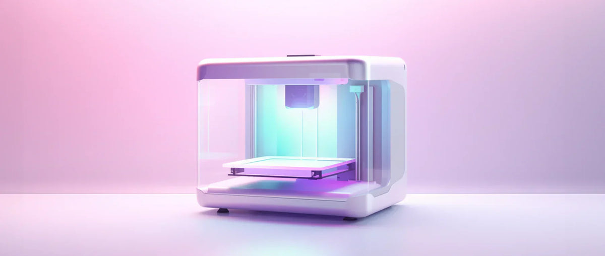 Pembe ışık altında masaüstü 3D yazıcı, modern teknoloji ve baskı makinesi