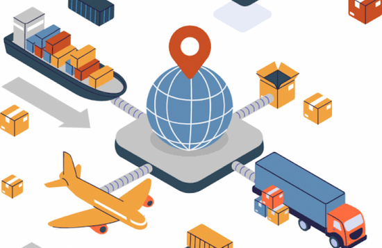 Lojistik konsepti, küresel harita işaretiyle bağlantılı gemi, uçak ve kamyon taşıma araçları ve paketler