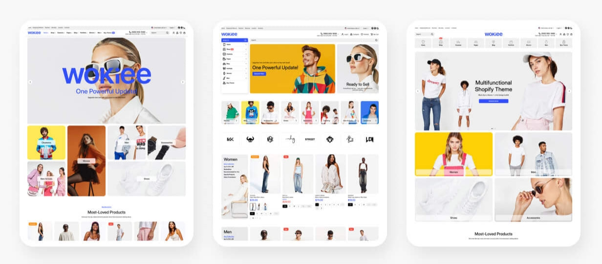 Wokiee Shopify teması moda ürünleri, kadın ve erkek giyimi, ayakkabı ve aksesuar kategorileriyle e-ticaret sitesi örneği