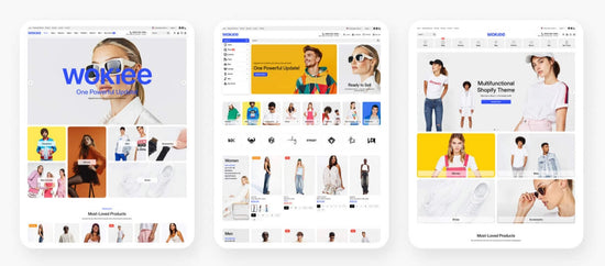 Wokiee Shopify teması moda ürünleri, kadın ve erkek giyimi, ayakkabı ve aksesuar kategorileriyle e-ticaret sitesi örneği