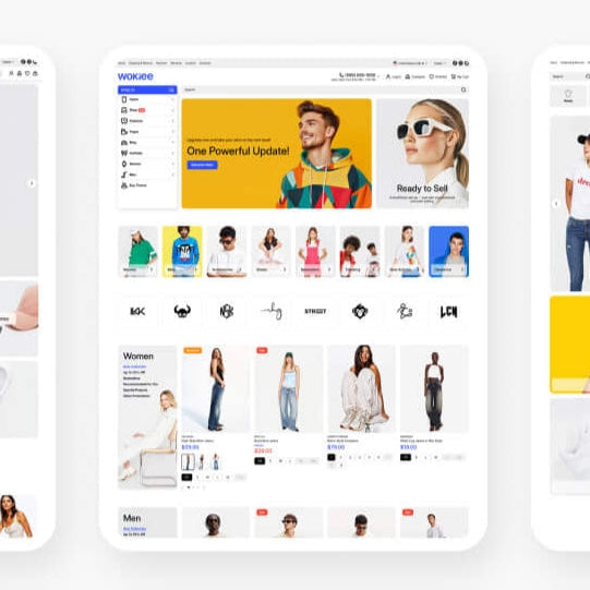 Wokiee Shopify teması moda ürünleri, kadın ve erkek giyimi, ayakkabı ve aksesuar kategorileriyle e-ticaret sitesi örneği