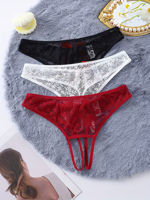 Kadın 3'lü Seksi Ağ Bölgesi Açık Dantelli Tanga Seti BC0055