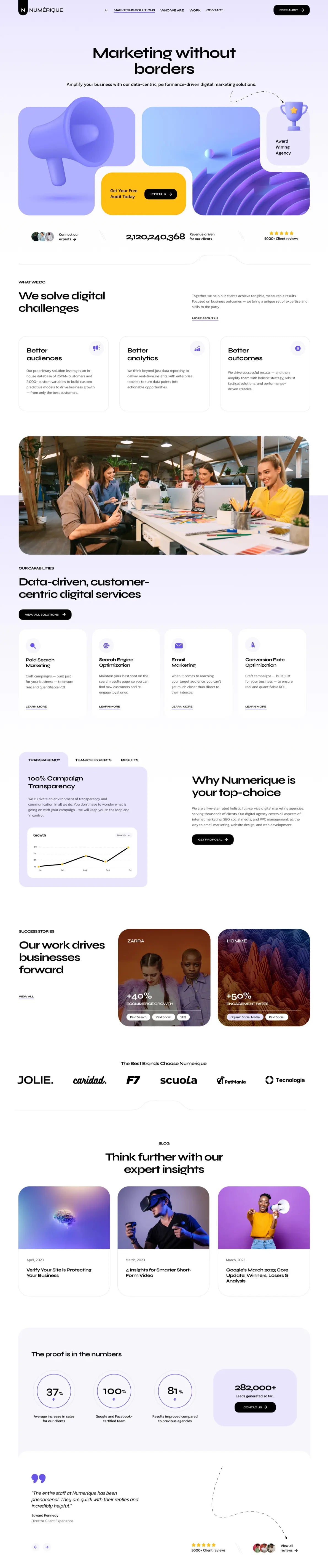 Dijital pazarlama çözümü sunan ekip ve grafiklerle dolu modern web sitesi tasarımı