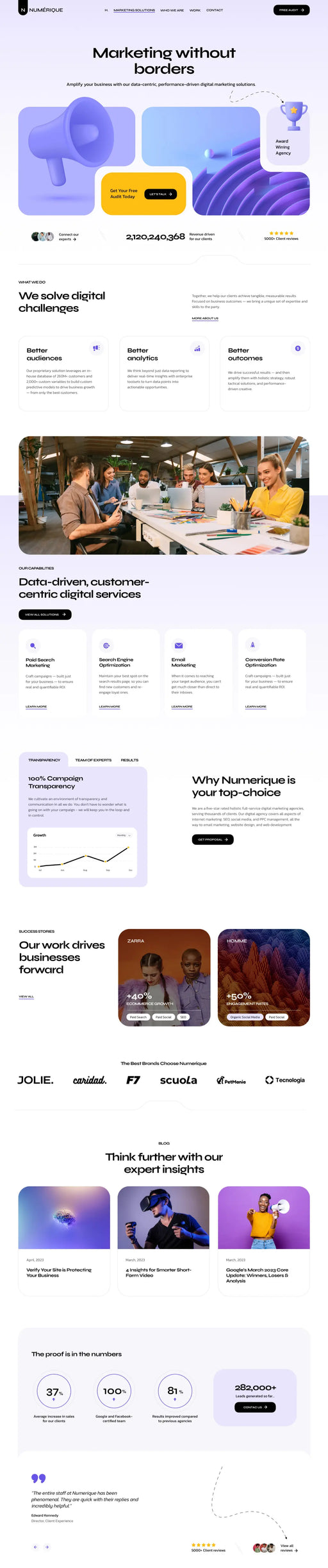 Dijital pazarlama çözümü sunan ekip ve grafiklerle dolu modern web sitesi tasarımı