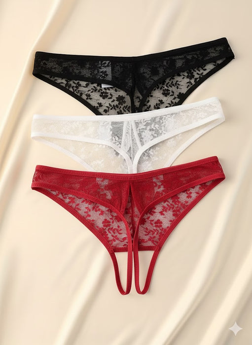 Kadın 3'lü Seksi Ağ Bölgesi Açık Dantelli Tanga Seti BC0055