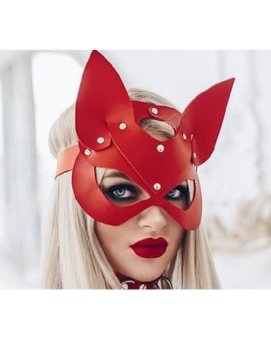 Fantezi Deri Seksi Kırmızı Kedi Maske Kelepçe Kırbaç Seti ( 3'lü set) BC5367
