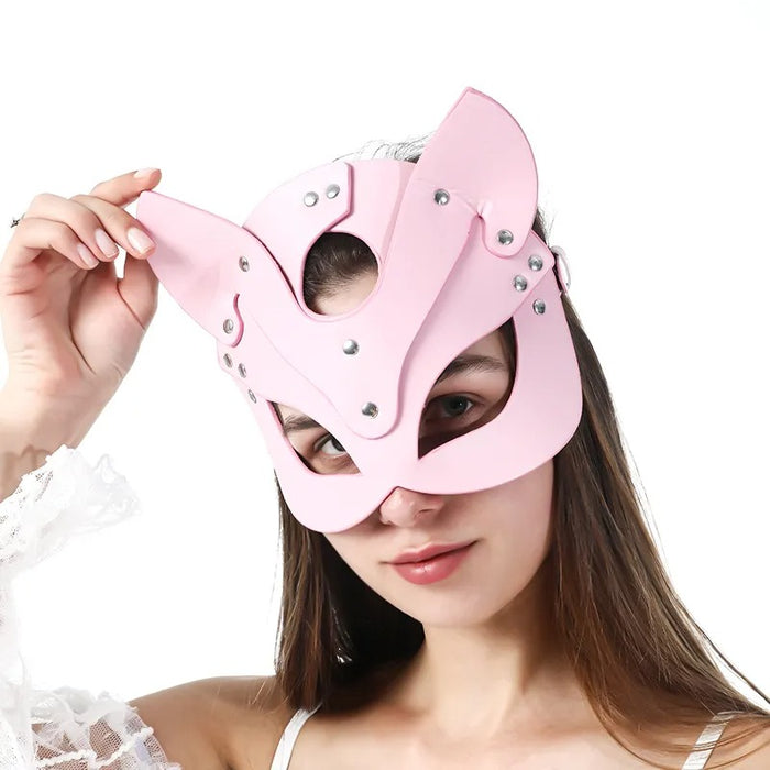 Fantezi Deri Seksi Pembe Kedi Maske Kelepçe Kırbaç Seti ( 3'lü set) BC5368