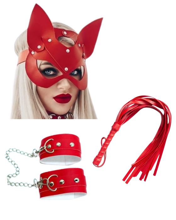 Fantezi Deri Seksi Kırmızı Kedi Maske Kelepçe Kırbaç Seti ( 3'lü set) BC5367