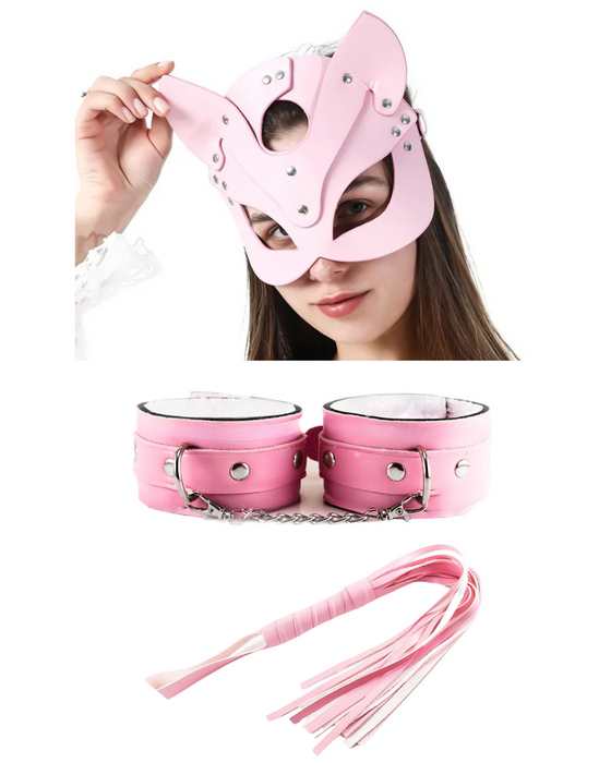 Fantezi Deri Seksi Pembe Kedi Maske Kelepçe Kırbaç Seti ( 3'lü set) BC5368