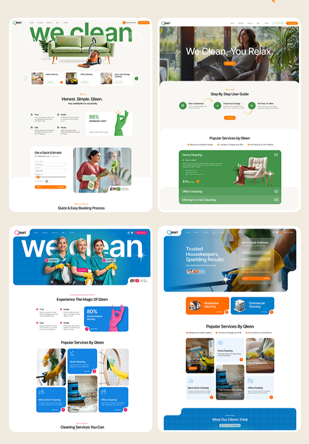 Qleen temizlik hizmetleri web sitesi tasarımları, ev ve ofis temizliği seçenekleri, rezervasyon formu ve memnuniyet oranları