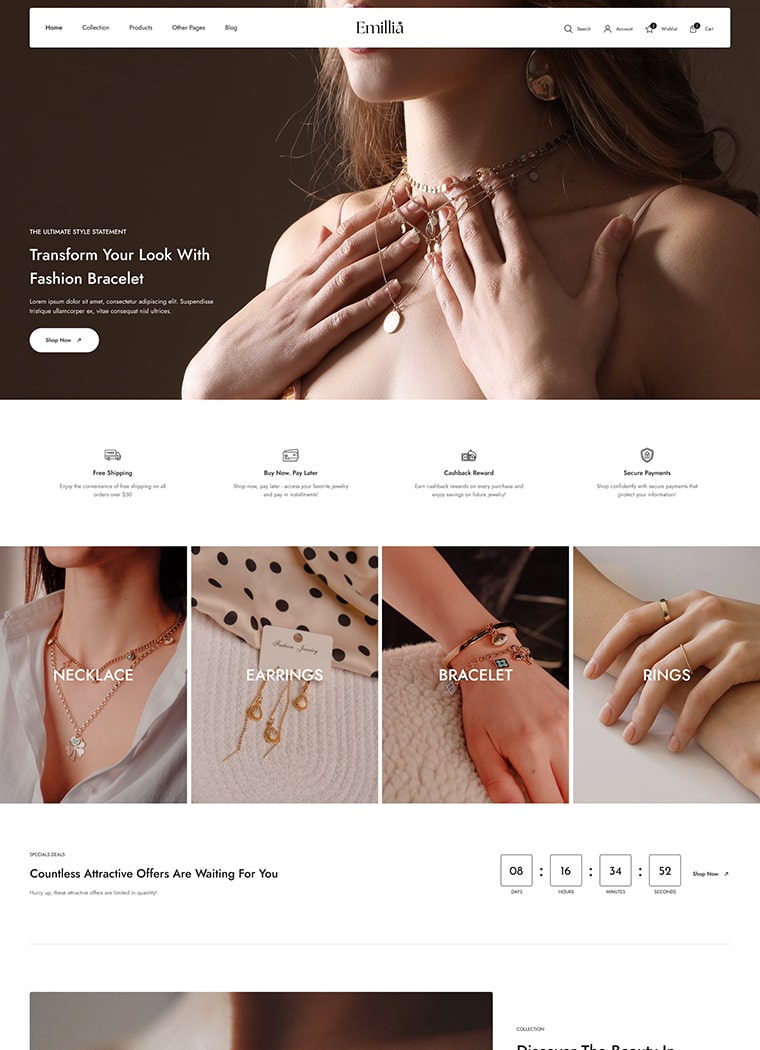 Kadın boynunda şık kolye ve zarif bileziklerle moda takı ürünleri reklamı