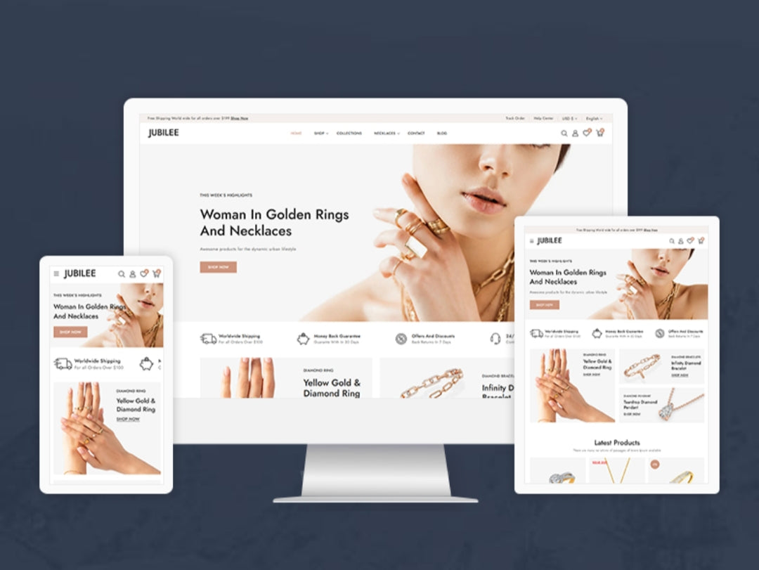 Altın yüzükler ve kolyelerle kadın takı temalı Jubilee e-ticaret sitesi masaüstü ve mobil görünümü