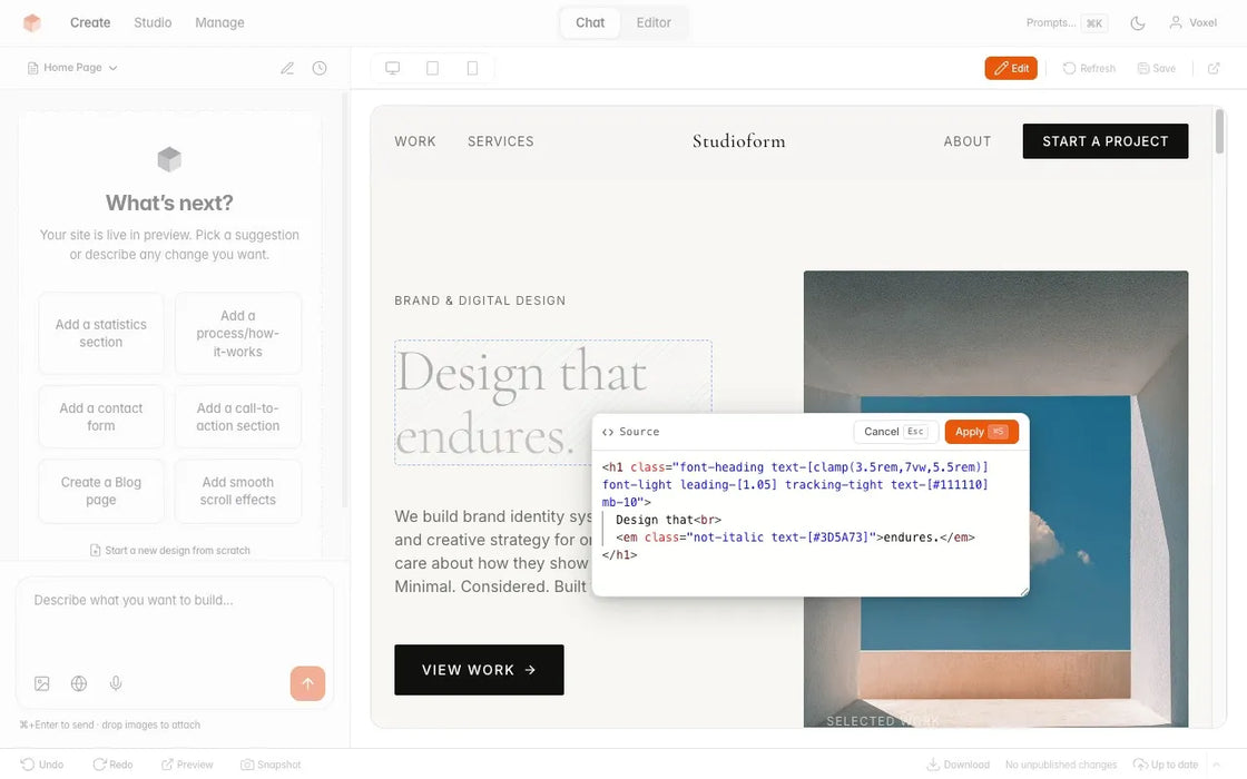VoxelSite — Yapay Zeka Destekli Web Sitesi Oluşturucu · Kendi Sunucunuzda Barındırın · Dosyalarınızın Sahibi Olun